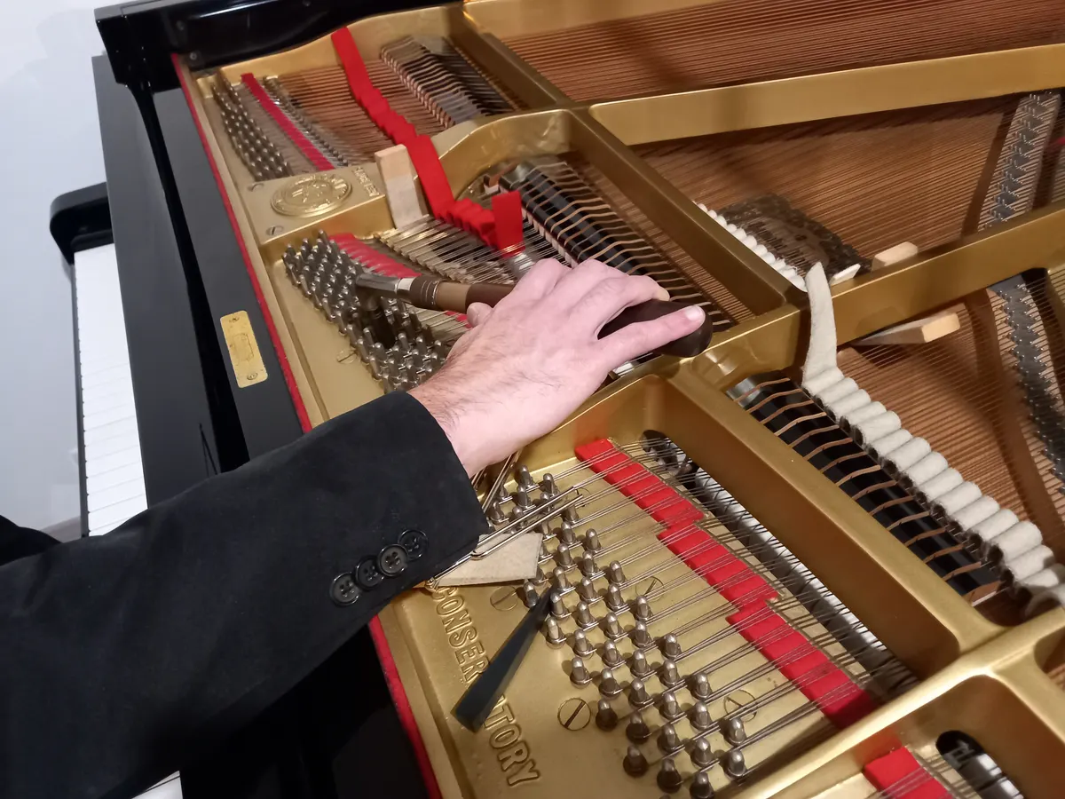 Intérieur d'un piano droit ouvert : cordes, feutres rouges et mécanique en bois